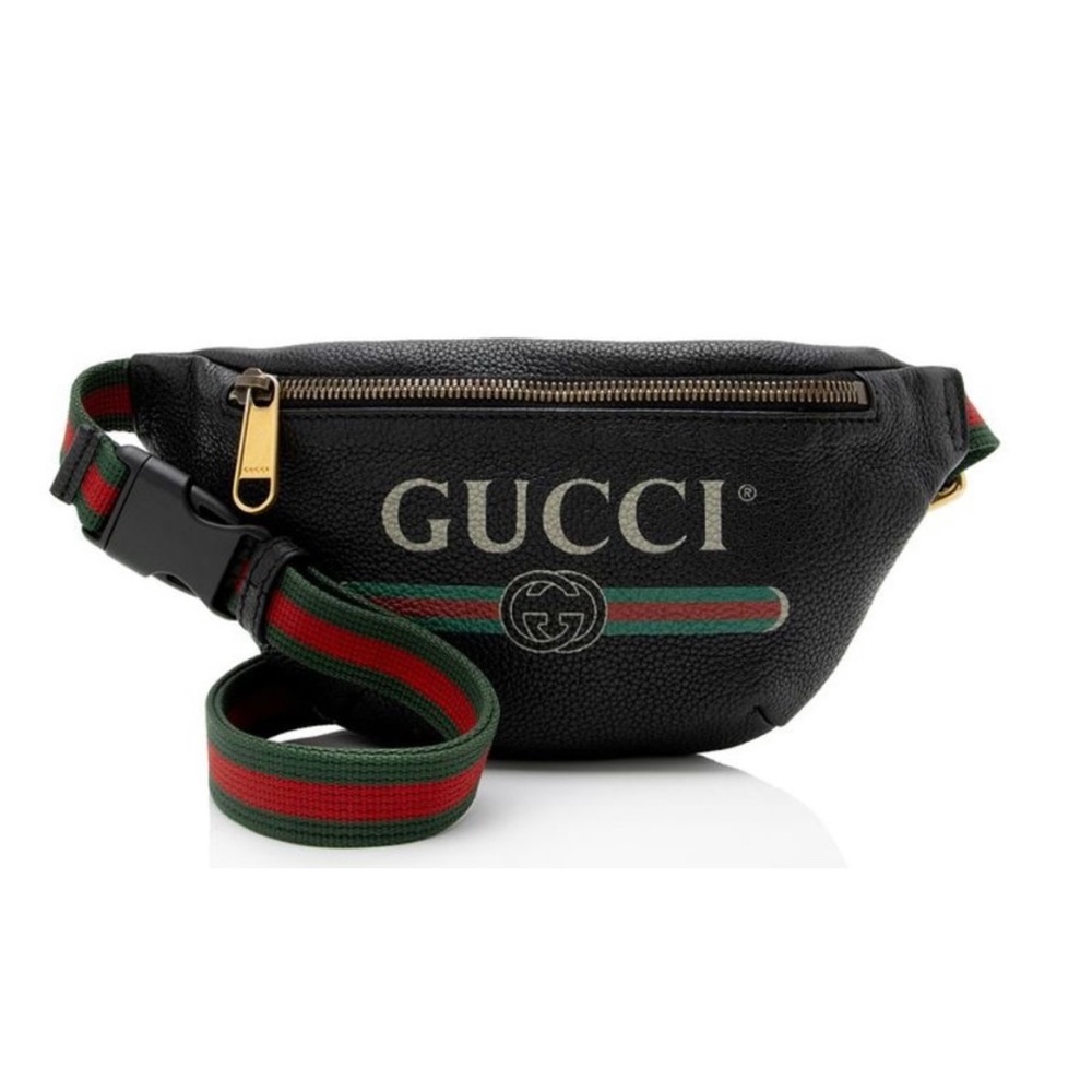 Leather Vintage Gucci Logo Print Belt Bag - Black